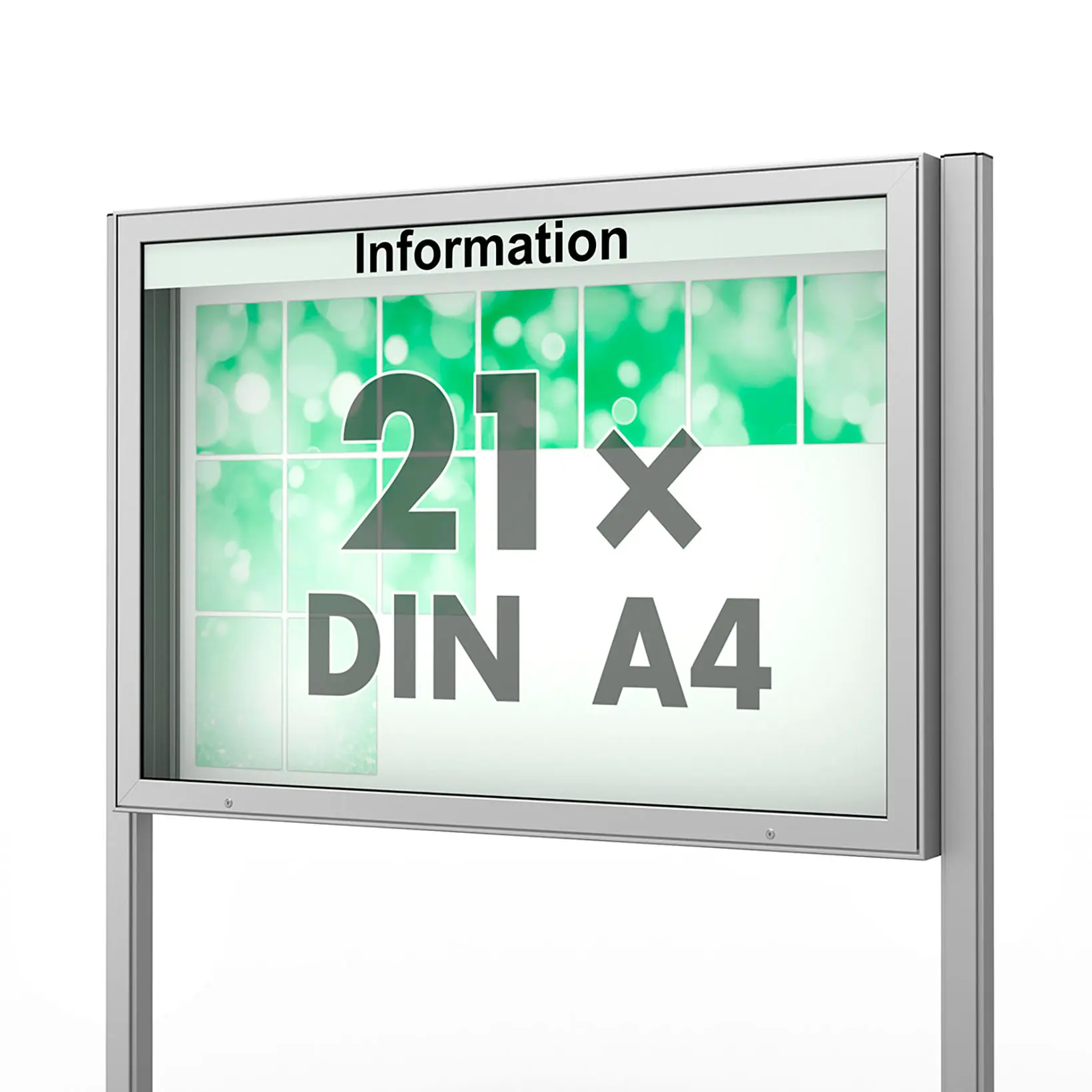 21 x DIN A4 Schaukasten Plenum eckig - der "Klassiker" - 210mm Bautiefe - mit Standbeinen und optionaler LED-Beleuchtung